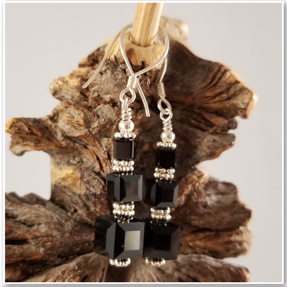 Black Square Swarovski & Sterling Silver Earrings - Picture 2 of 9